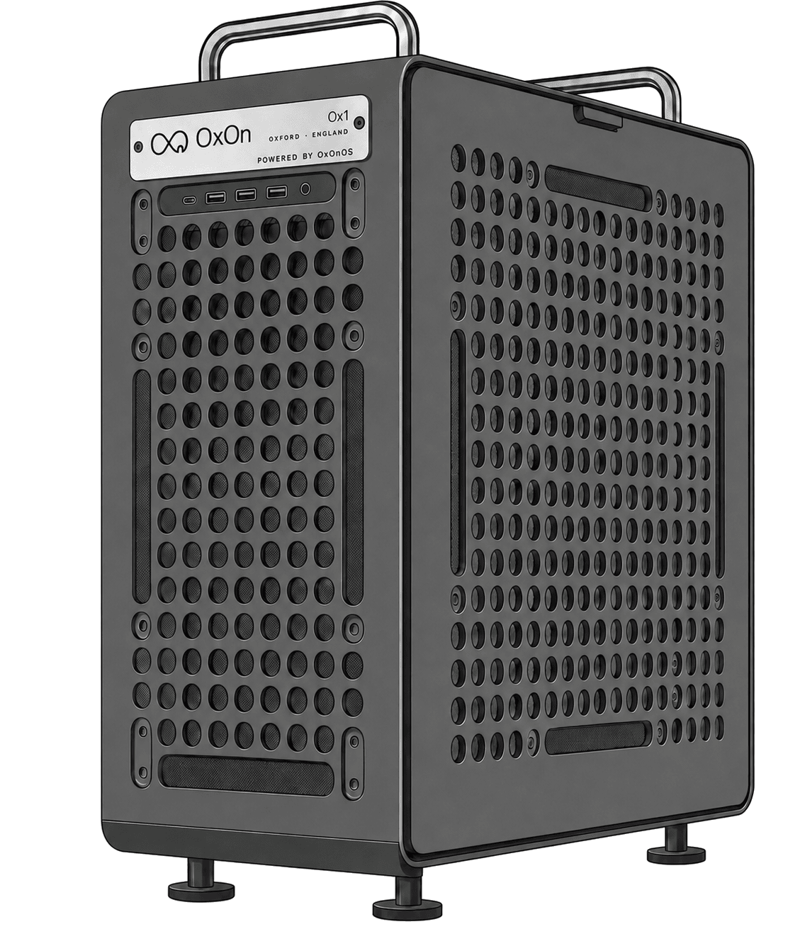 The Ox1: an aluminium tower with a carrying handle and an engraved plate reading OxOn, Ox1, Oxford, England.