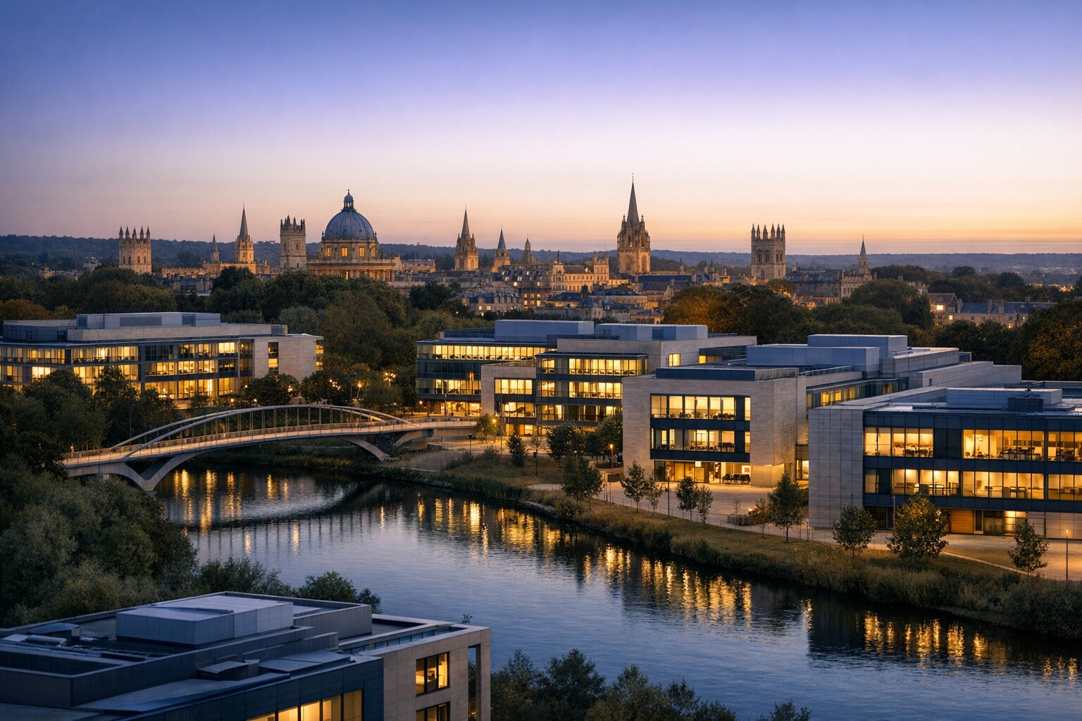 Oxford at dusk: the spires and dome of the old city on the skyline, with modern glass research buildings, a footbridge and the river lit below.
